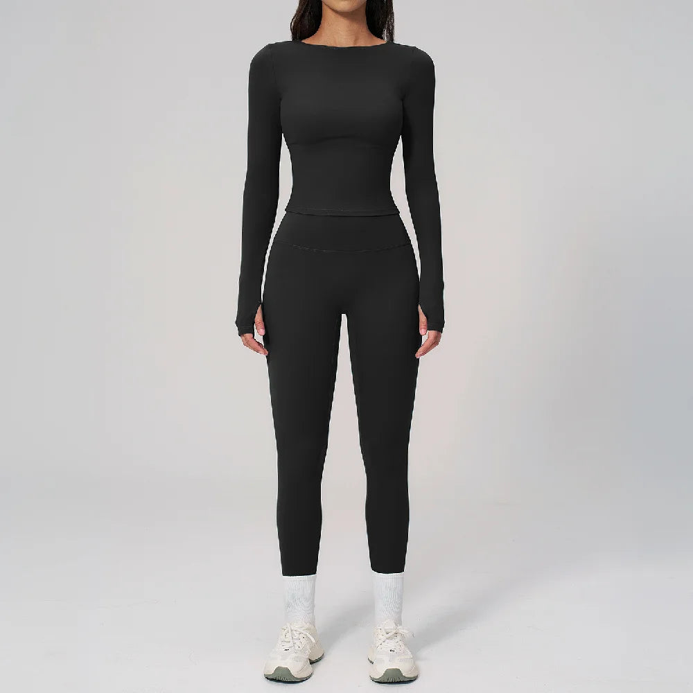 Two Pieces Yoga Set Slim Long Sleeved Gym Set High Elasticity Leggings Sportswear Women's Fitness Cycling Pilates Sports Suits