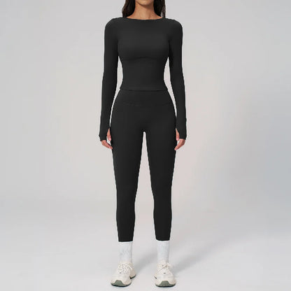 Two Pieces Yoga Set Slim Long Sleeved Gym Set High Elasticity Leggings Sportswear Women's Fitness Cycling Pilates Sports Suits