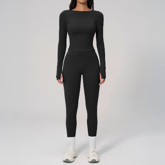 Two Pieces Yoga Set Slim Long Sleeved Gym Set High Elasticity Leggings Sportswear Women's Fitness Cycling Pilates Sports Suits