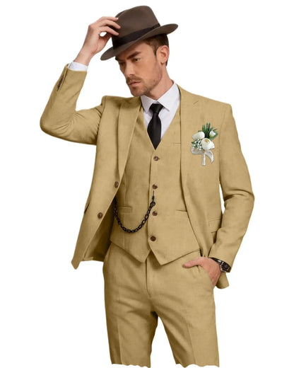 Men's 3 Piece Linen Suit, Slim Fit Notch Lapel Single Breasted Blazer Vest Pants Set Breathable Casual Business Wedding Suit