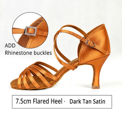 Hot Sale BD Dance Women Latin Shoes BD216 Soft Satin Sandal Leather Sole Ladies Ballroom Dance Shoes High Heel Rhinestones
