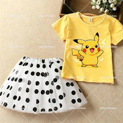 Kawaii Pikachu Eevee T-Shirt Skirt 2pcs Set Pokemon Jigglypuff Toddler Short Sleeve Tee Polka Dot Tutu Skirts Kids Clothes Set