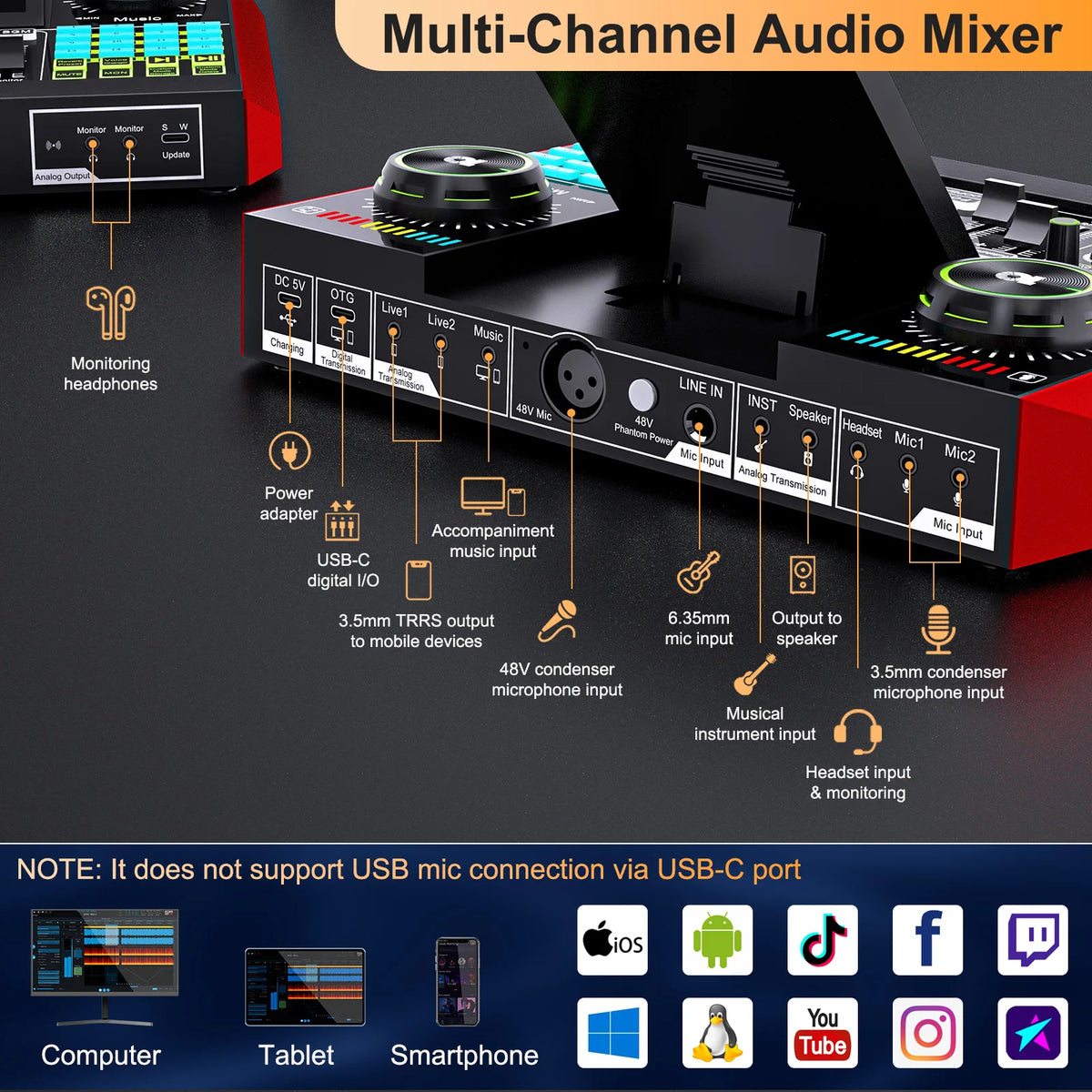 Tenlamp G10 Podcast Equipment Bundle 6 Channel with 3.5mm Microphone and Live Sound Card,RGB Streaming with XLR Gaming Audio Interface Professional Mixer for Podcasting, Influencers, Kols, Singing, Gaming, And Djing
