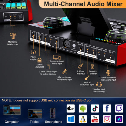 Tenlamp G10 Podcast Equipment Bundle 6 Channel with 3.5mm Microphone and Live Sound Card,RGB Streaming with XLR Gaming Audio Interface Professional Mixer for Podcasting, Influencers, Kols, Singing, Gaming, And Djing