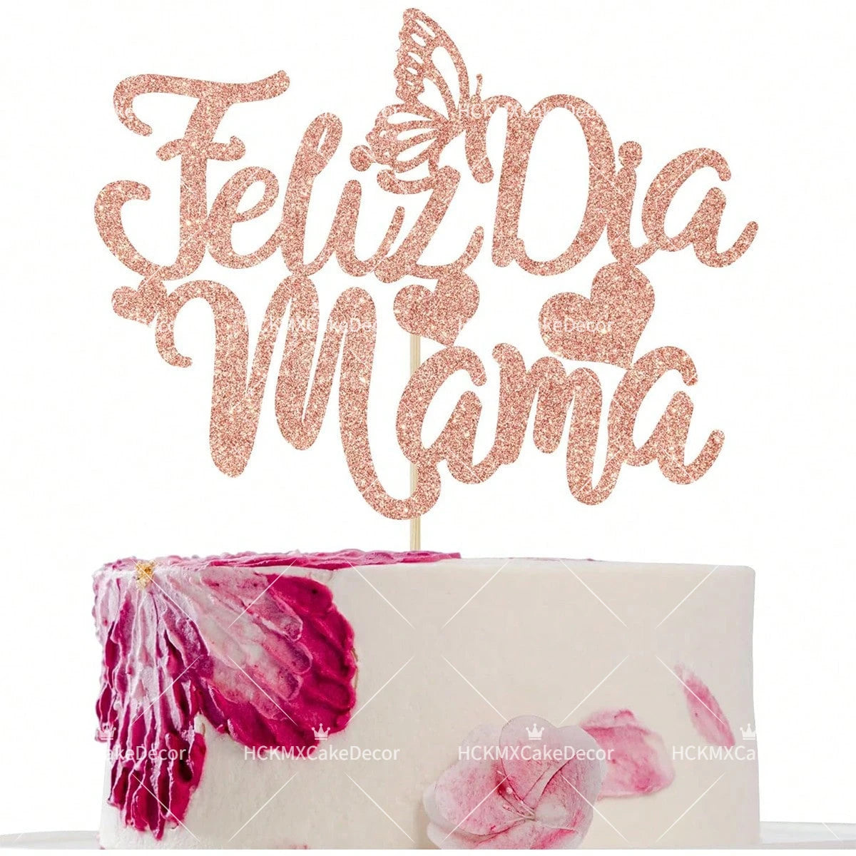 3pcs Feliz Cumpleanos Mama Cake Topper Pink Glitter Spanish Birthday Cake Decoration with Butterflies