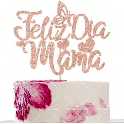 3pcs Feliz Cumpleanos Mama Cake Topper Pink Glitter Spanish Birthday Cake Decoration with Butterflies