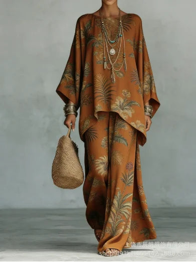 Boho Two Piece Set Summer Women's Loose Patchwork Wide Leg Pants Set Fashion O Neck Pullover Top 2-piece Set Outfit Streetwear