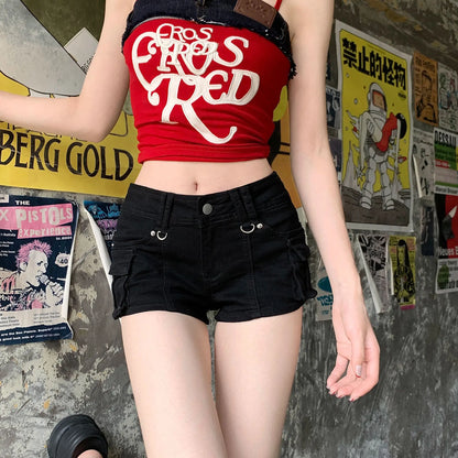 Women's Black Gothic Denim Shorts Y2k High Street Harajuku 2000s Aesthetic Sexy 90S Retro Jeans Shorts Summer Clothing 2025 New