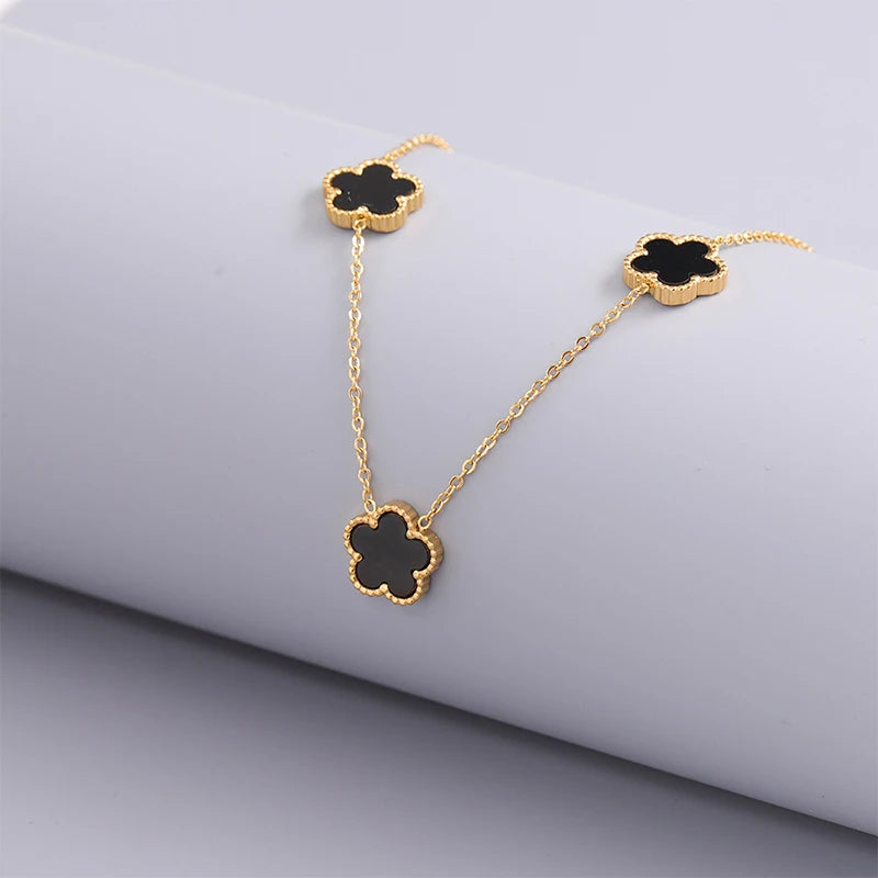 14K Gold Plated Stainless Steel Necklace Woman Five Leaf Petals Double