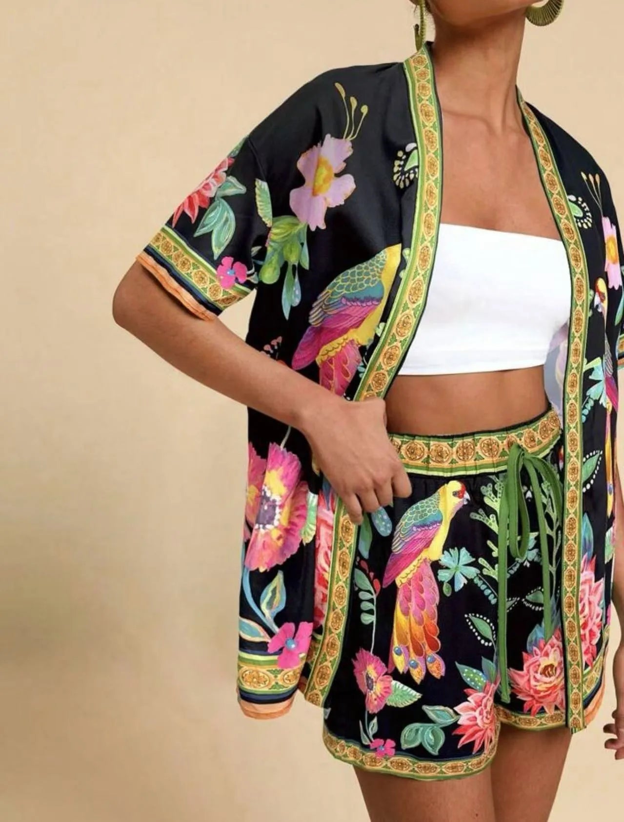 Summer Women's Suit With Shorts Printed Crop Top Short Pants Blue Patterned Set Green Floral Casual Shorts