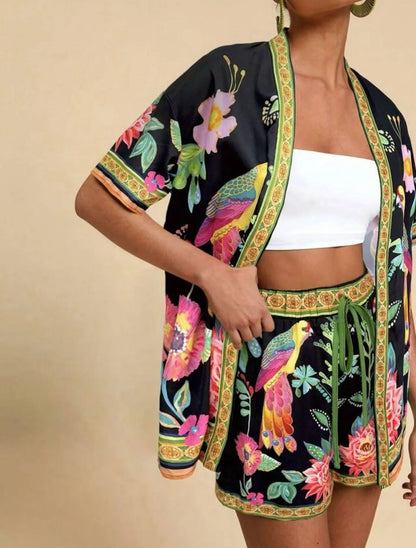 Summer Women's Suit With Shorts Printed Crop Top Short Pants Blue Patterned Set Green Floral Casual Shorts