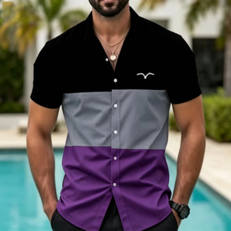 Men's short sleeved shirt with contrasting color splicing, geometric color block printed collar shirt, European and American str