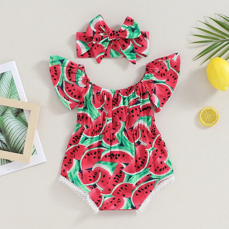 0-36months Newborn Girl Bodysuit Hairband Set Short Sleeve Watermelon