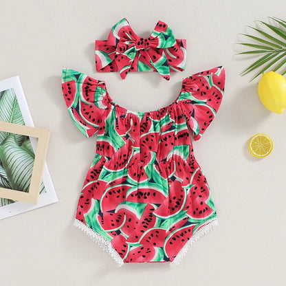 0-36months Newborn Girl Bodysuit Hairband Set Short Sleeve Watermelon