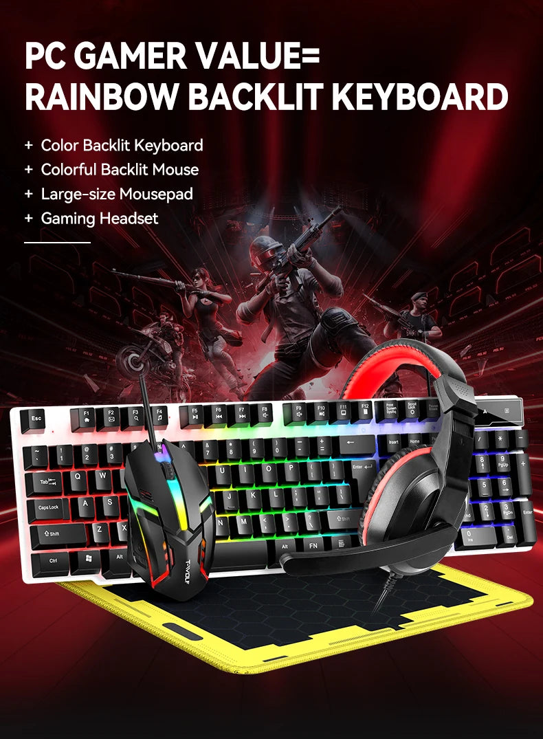 2025 Mouse Keyboard Headset Mouse Pad Combo 4 In 1 SET Computer Gaming Headphone USB Wired Mouse And Keyboard Set With Mouse Mat