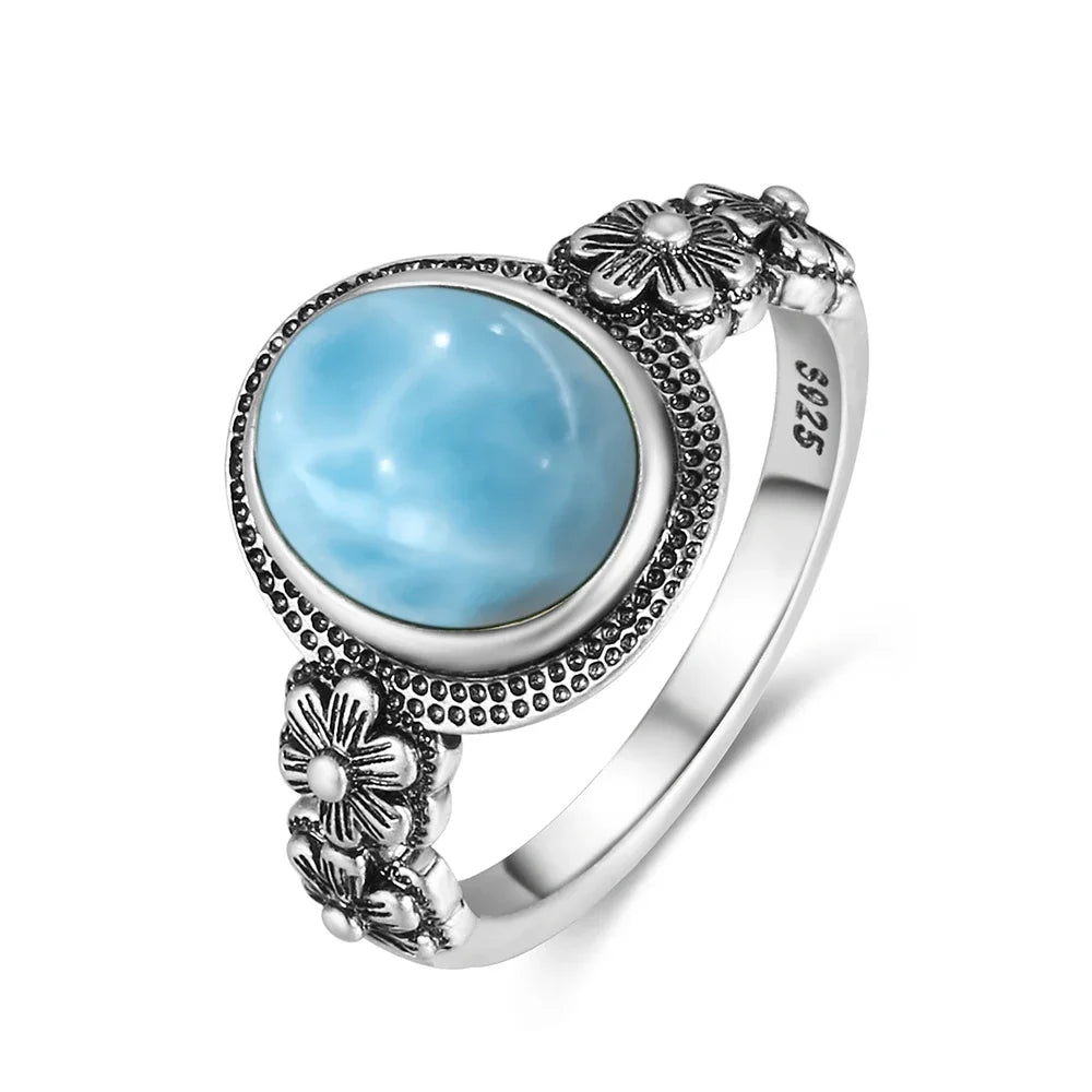 Vintage 925 Silver Ring Natural Larimar Stone Round Flower Shape Sky Blue Sea Water Ring Fine Jewelry Party Gifts For Women Men