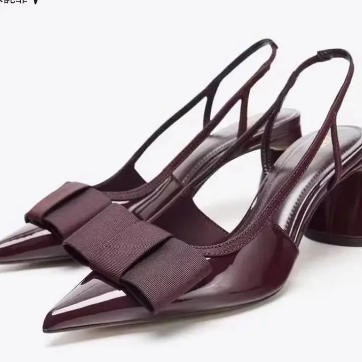 Summer New Women's Shoes with Black Bow Decoration, Exposed Heels, Thick Heels, Pointed High Heels, Shallow Sandals