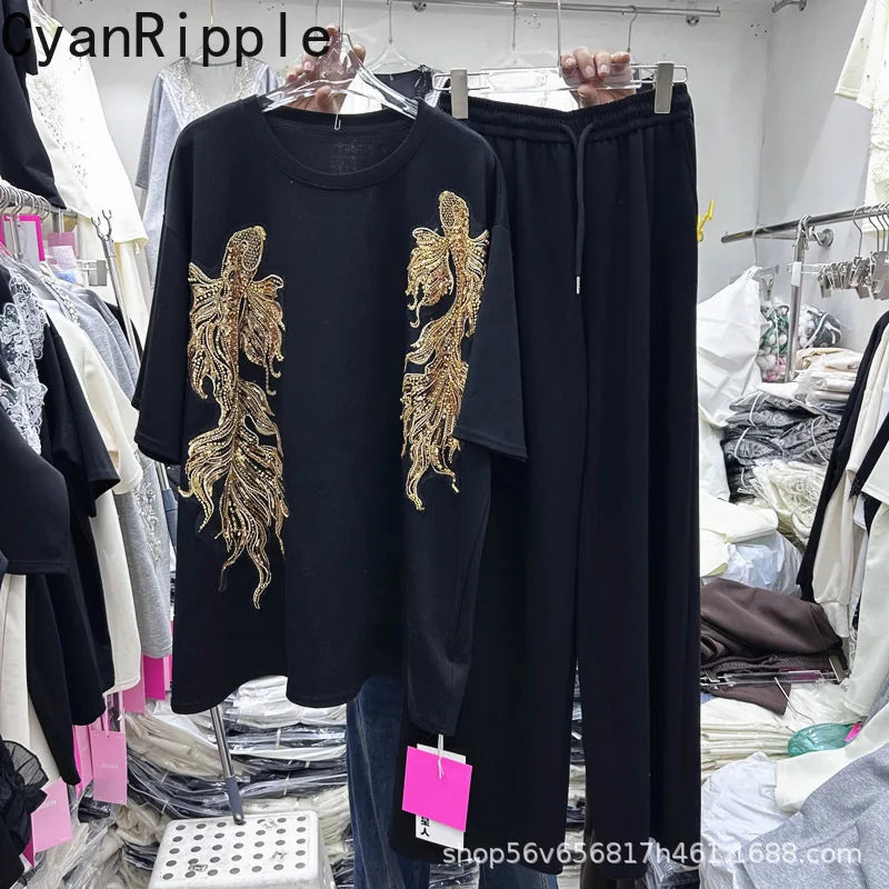 New Spring Summer Women Two-piece Set Sequins Embroidery Loose Short Sleeve T-shirt Top + Elastic Waist Straight Casual Pants