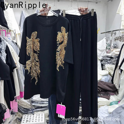 New Spring Summer Women Two-piece Set Sequins Embroidery Loose Short Sleeve T-shirt Top + Elastic Waist Straight Casual Pants