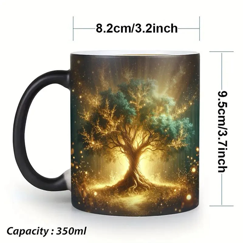 A color-changing magic cup, thermal response ceramic coffee cup, when filled with hot liquid, will appear glowing tree of life