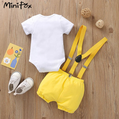 MiniFox Baby Boys Birthday Outfit For One Years Number"1“ Bodysuit and Y-back Suspender Shorts 1 Year Birthday Cake Smash Sets