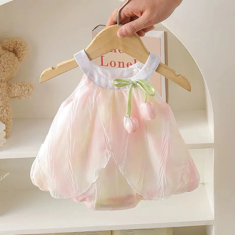 Adorable 0-24M Baby Girls Tulip Decor Bodysuit Summer Halter Sling Princess Romper Dress Soft Breathable Newborn Girls Onesie