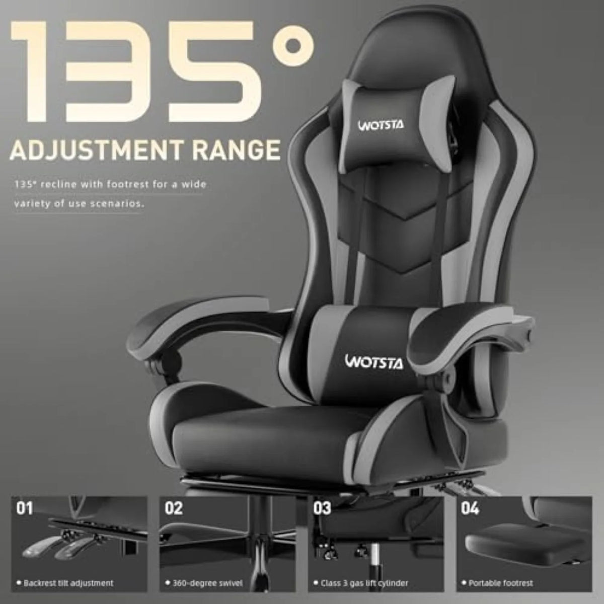 Ergonomic Gaming & Office Chair, Footrest, Racing Design Black/Grey | PVC with headrest,lumbar, Adjustable Height