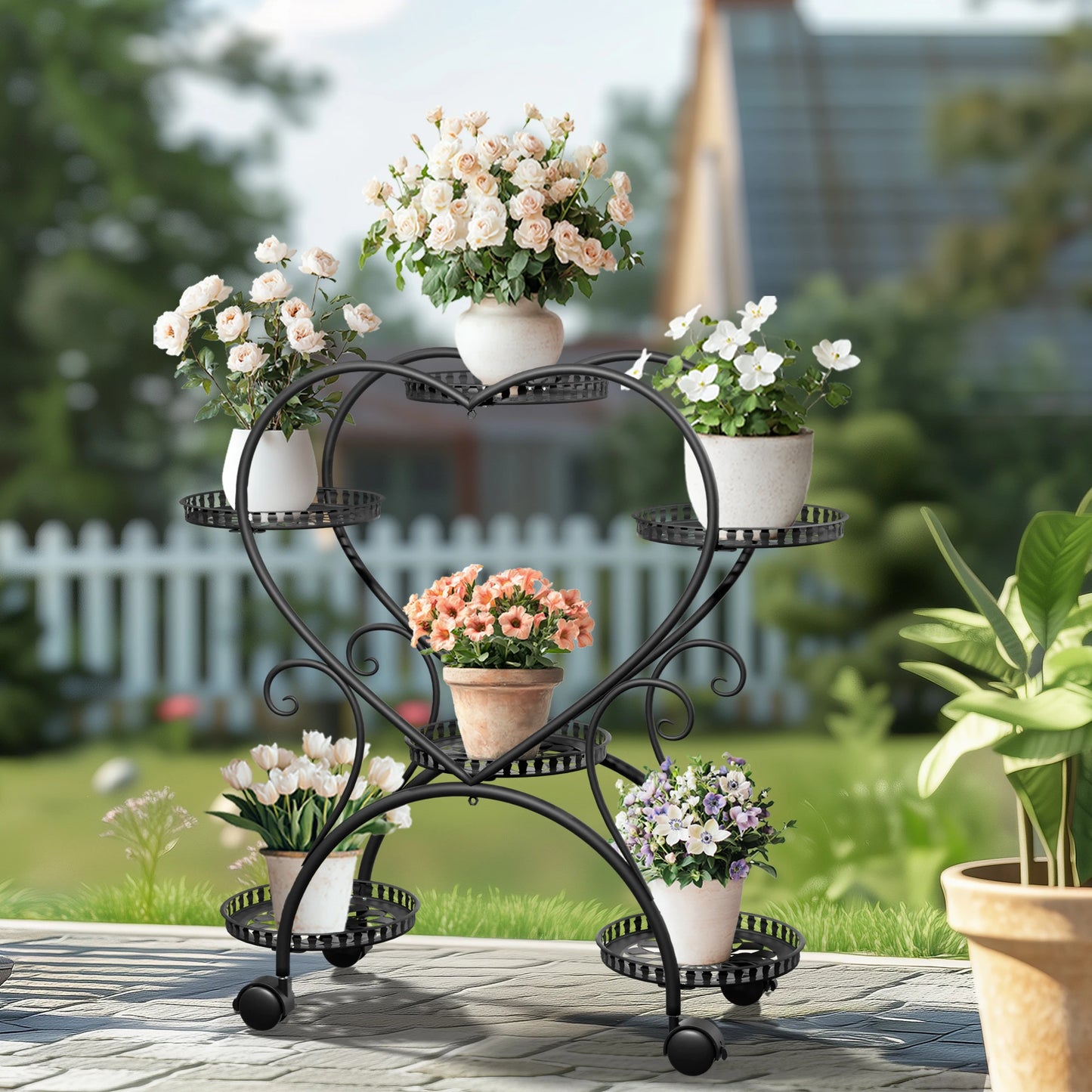 Black Metal Rolling Plant Stand Heart-Shaped Garden Display Rack with Wheels for Home And Garden Decor