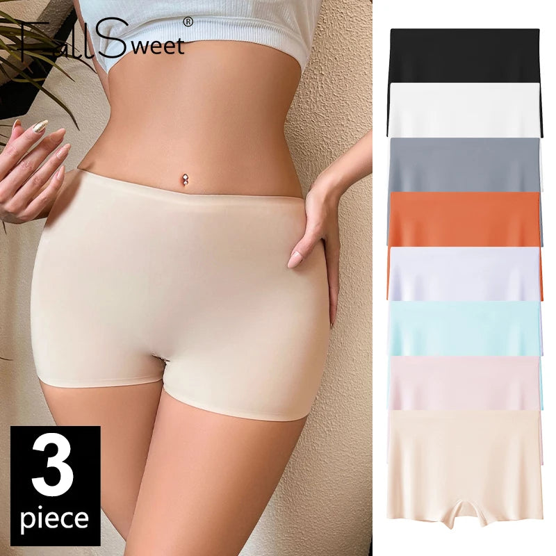 FallSweet 3PCS Seamless Ice Silk Boxers for Women Safety Panties Underwear Plus Size Underpants Soft Invisible Boyshorts M/L/XL