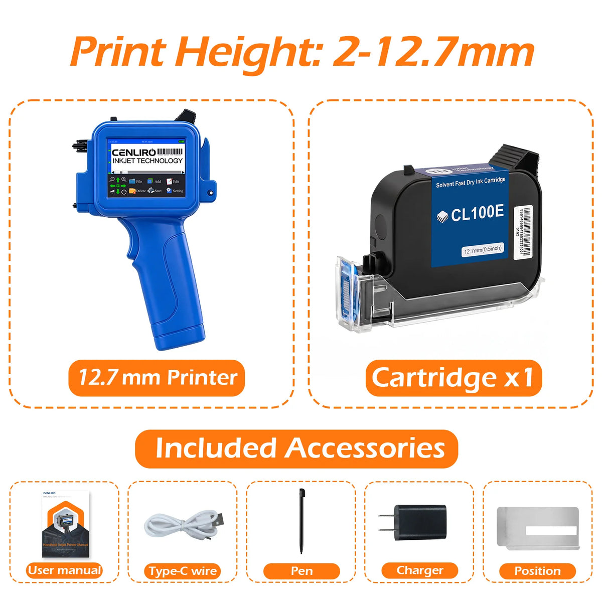 Cenliro Mini Handheld Inkjet Printer CL11P with Black Fast-drying Ink Cartridge for Date Batch Number Logo Code On Any Surfaces