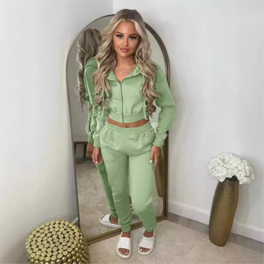 Fleece Hooded Sweatshirt Short Hooded Women's Suit Autumn Winter New Casual Zipper Hoodie Sports Jogging Pants Female 2piece Set