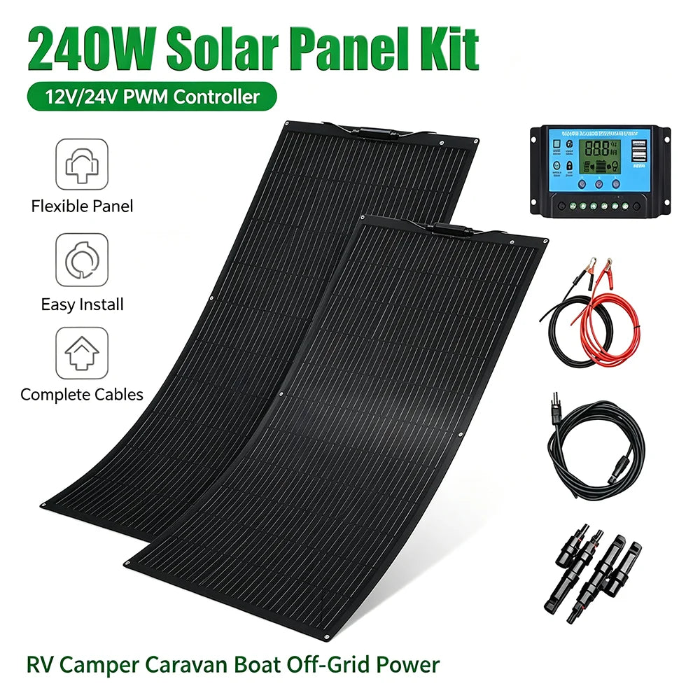 240W Flexible Solar Panel Kit,12V Off‑Grid Solar System & Solar Charge Controller for RV, Boat, Camper, Outdoor Battery Charging