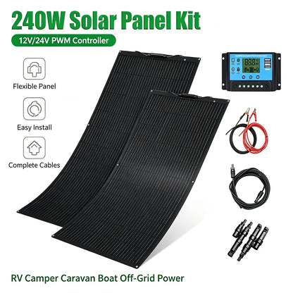 240W Flexible Solar Panel Kit,12V Off‑Grid Solar System & Solar Charge Controller for RV, Boat, Camper, Outdoor Battery Charging