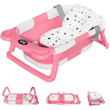 Newborn Collapsible Baby Bathtub Portable Travel Tub with Thermometer And Soft Floating Cushion Drain Hole Baby Tubs