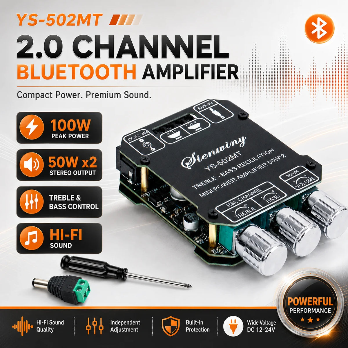 YS-502MT Bluetooth Audio Amplifier Board 2.0 Channel 100W Mini Hi-Fi Stereo Power Amp Module DC 12-24V For Speakers
