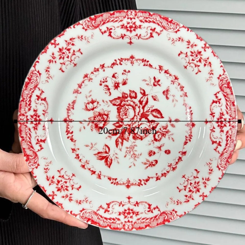Dinner Set Retro Nordic Flower Pattern Disc Round Ceramic Dinner Plate Exquisite Light Luxury Shallow Plate Hotel
