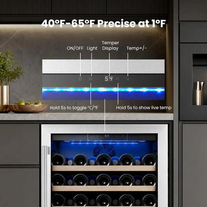 28-Bottle 24-Inch, 52-Bottle 24-Inch Wine Fridge Built-In Single-Zone Cooler | 41-64°F Digital Control, Compressor Cooling, Double-Pane Glass Door, LED Lighting, Lockable Door, Built-In or Freestanding