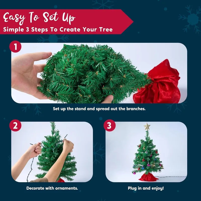 24''/2FT Mini Christmas Tree Tabletop Set with Clear LED Lights Artificial Mini Christmas Tree with Star Treetop and Hanging Ornaments, Best DIY Xmas Decorations (Storage Bag Included)