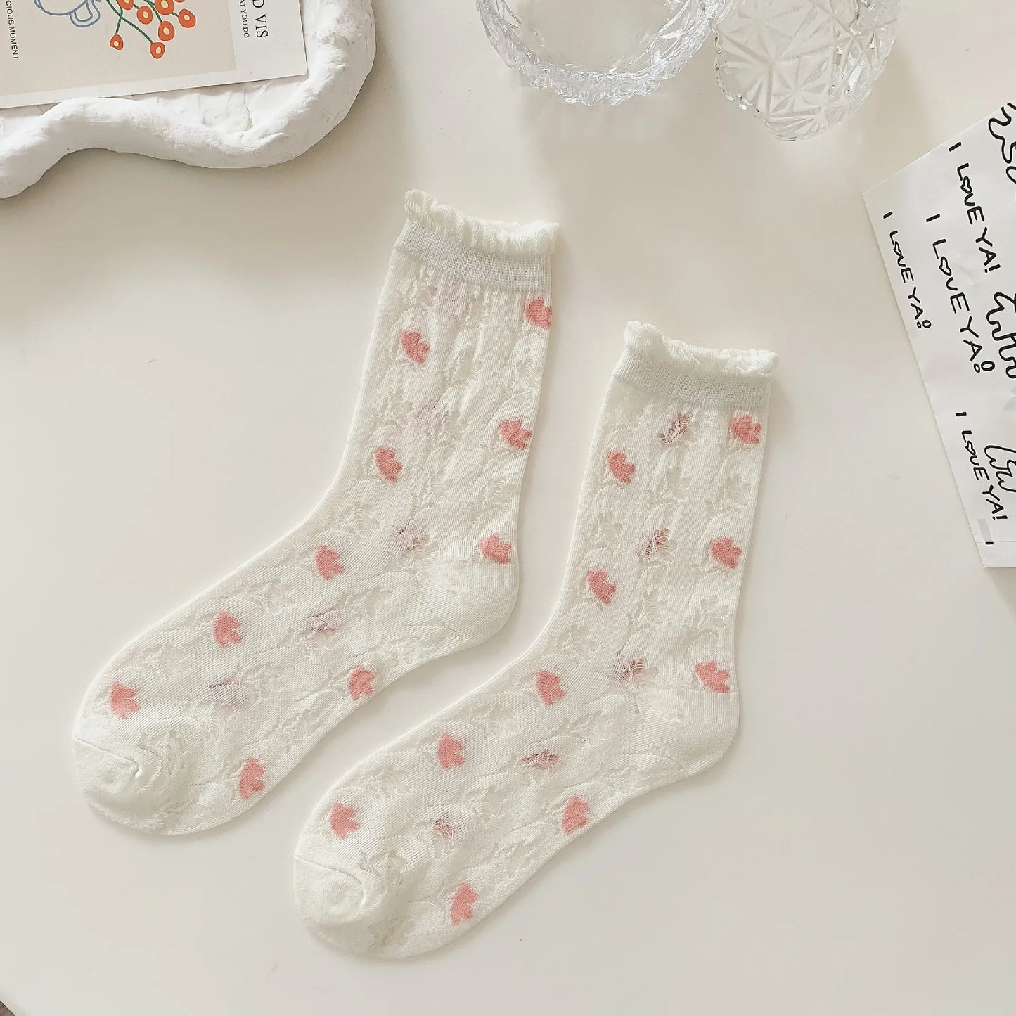 Transparent Crystal Silk Socks Women Fashion Ultra-thin Summer Harajuku Crew Socks Flower Streetwear Elastic Long Mesh Socks