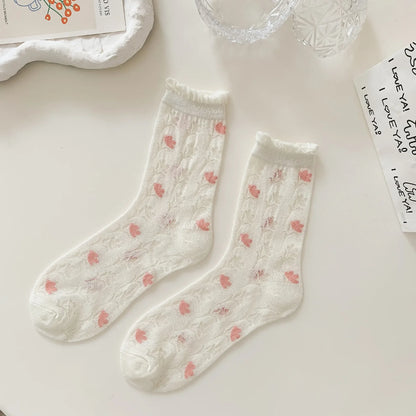 Transparent Crystal Silk Socks Women Fashion Ultra-thin Summer Harajuku Crew Socks Flower Streetwear Elastic Long Mesh Socks