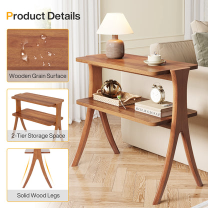 Tribesigns Walnut Side Table for Living Room, Narrow End Table with 2-Tier Storage Shelf and Solid Wood Legs, Slim Bedside Table