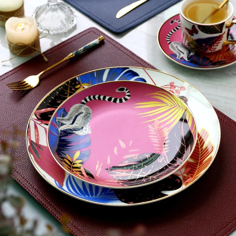 Dinnerware Set Colorful Forest Animal Design Plate Steak Tray Flat Ceramic Tableware 10inch Dish Christmas Gift Gold