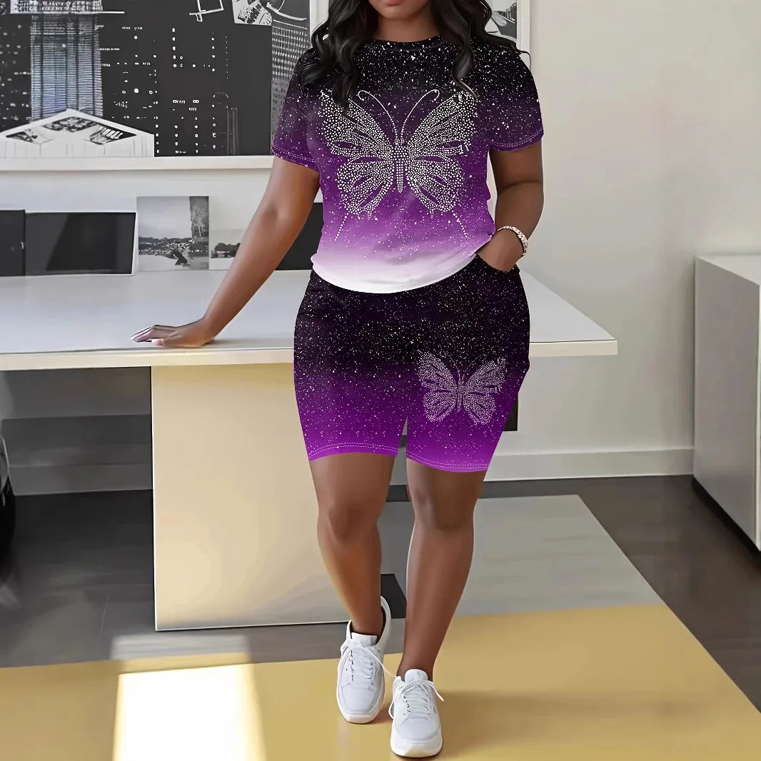 Fashion Casual Women's Shorts Short Sleeve Suit Gradient Letter Print Summer Suit T-shirt + Shorts 2 Pieces Sets 2025