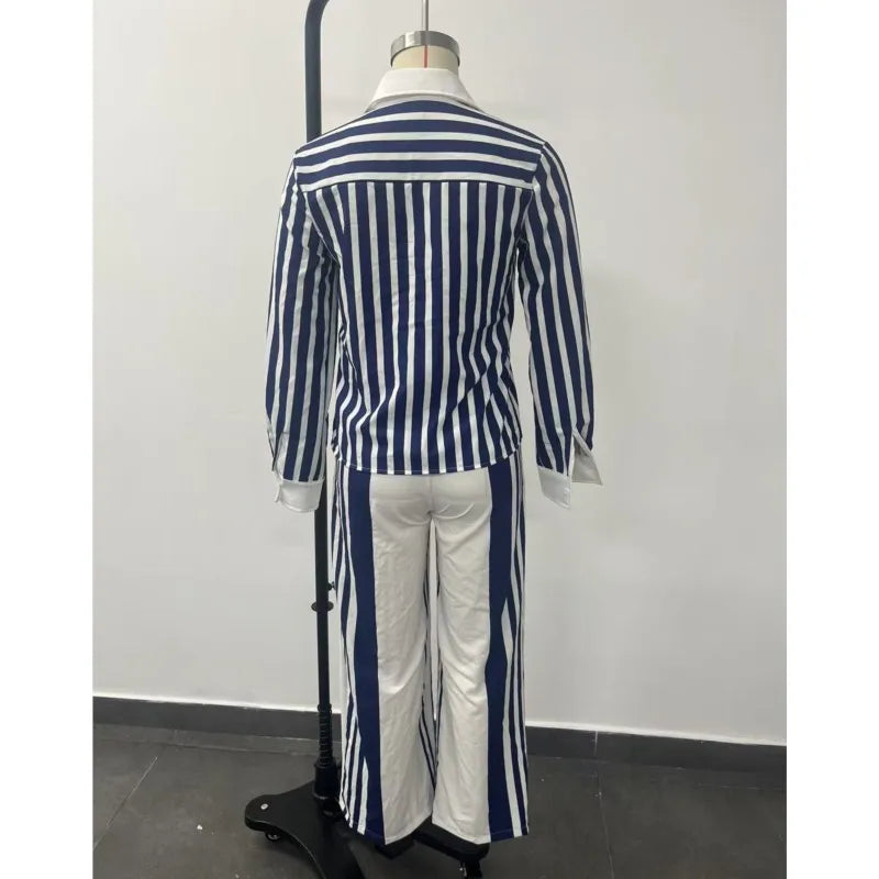 Spring Autumn Fashion Striped Printed Long Sleeve Shirt Women Suit Wide Leg Pocket Pants Female Office 2piece Set Including Belt