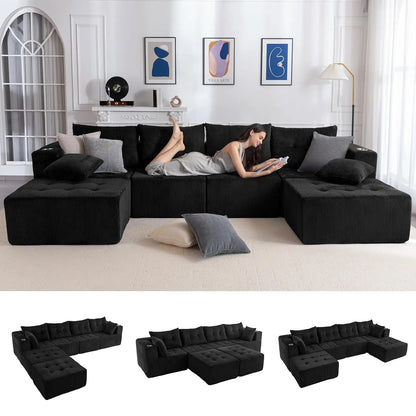 Boneless Couch, 129.5-Inch U-Shaped Cloud Couch, 2 Ottomans | Orange Tufted Modular Sofa in a Box Requires No, Customized