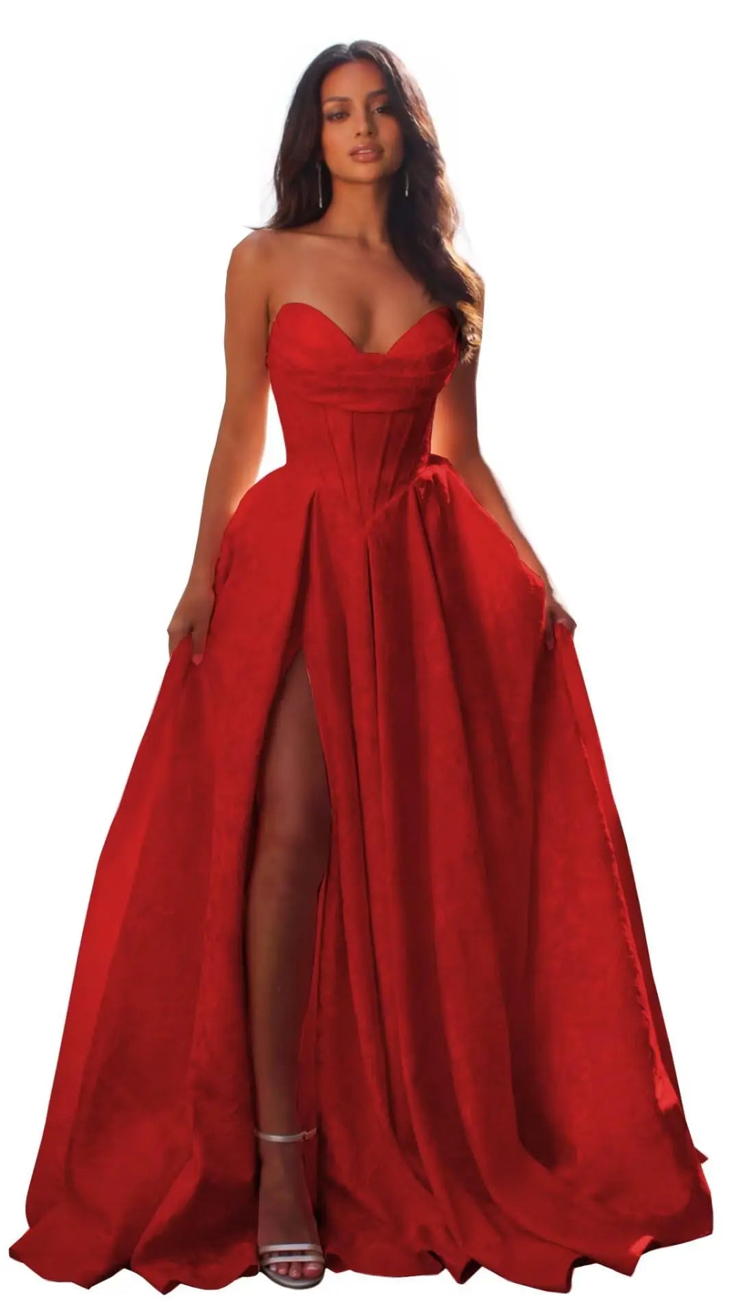 Jacquard Satin Prom Dresses with Slit Strapless Corset A Line Long Formal Gowns Party Evening Gown Formal Dress Women Elegant