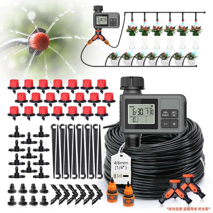 30-5m Garden LCD Button Timer Irrigation Set 0-80L/H Rotating Adjustable Nozzle Intelligent Display Automatic Watering System