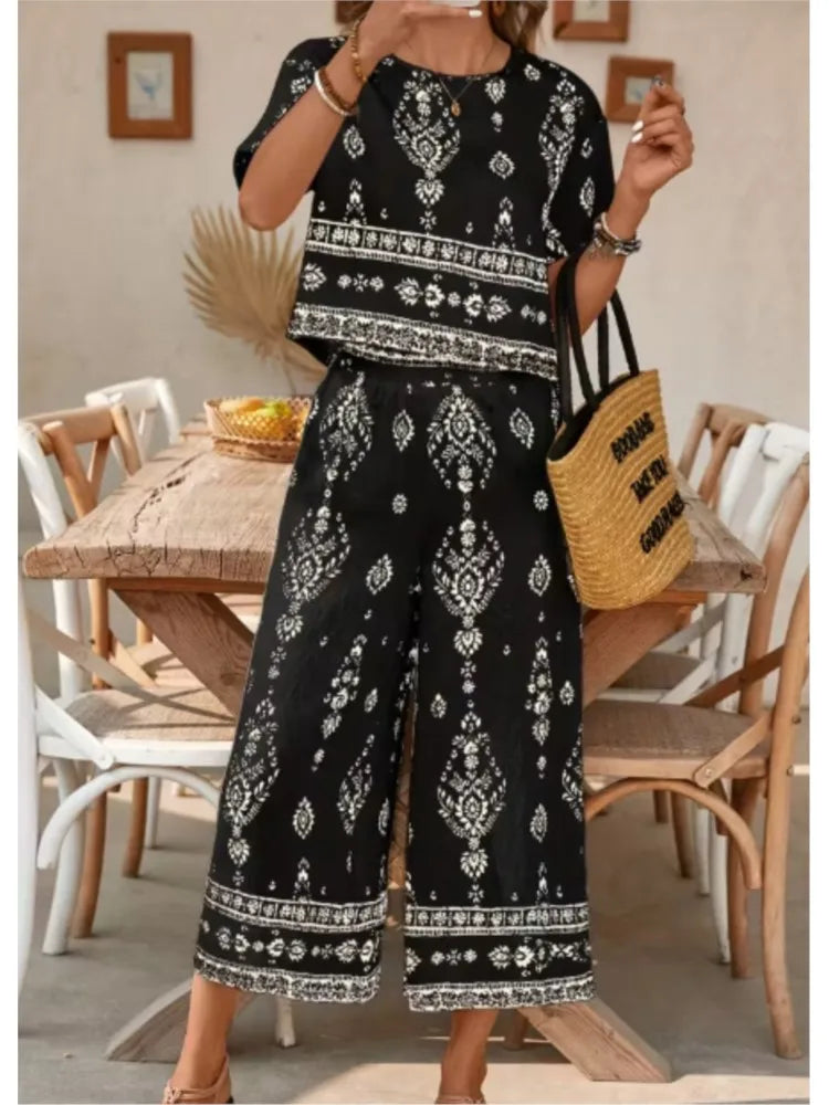 Fashion Ethnic Retro Printed Short-sleeved Women's Suit Summer New Casual Simple Elegant 7-minute Pants Female 2-piece Set 2026