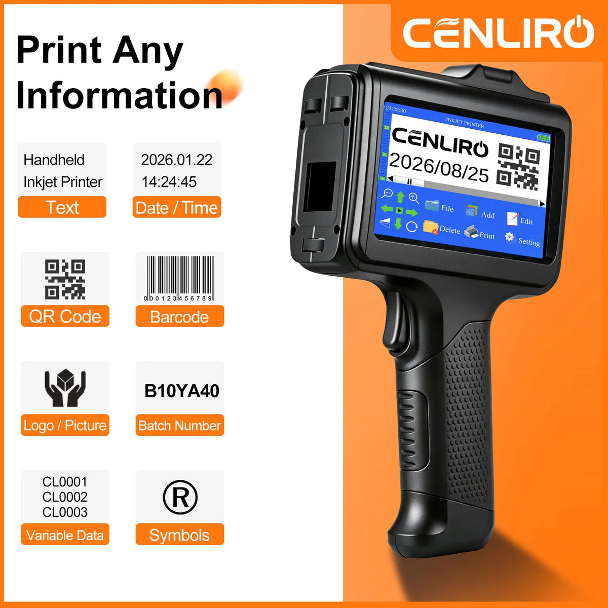 Cenliro Upgrated Handheld Inkjet Printer CL12B with Black Fast-drying Ink Cartridge for Date Batch Number Logo QR Code 600DPI