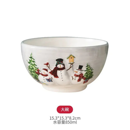 Nordic creative Christmas Snowman bowl plate cutlery set Western ceramic dinner plates Home rice salad bowl cup Christmas gift